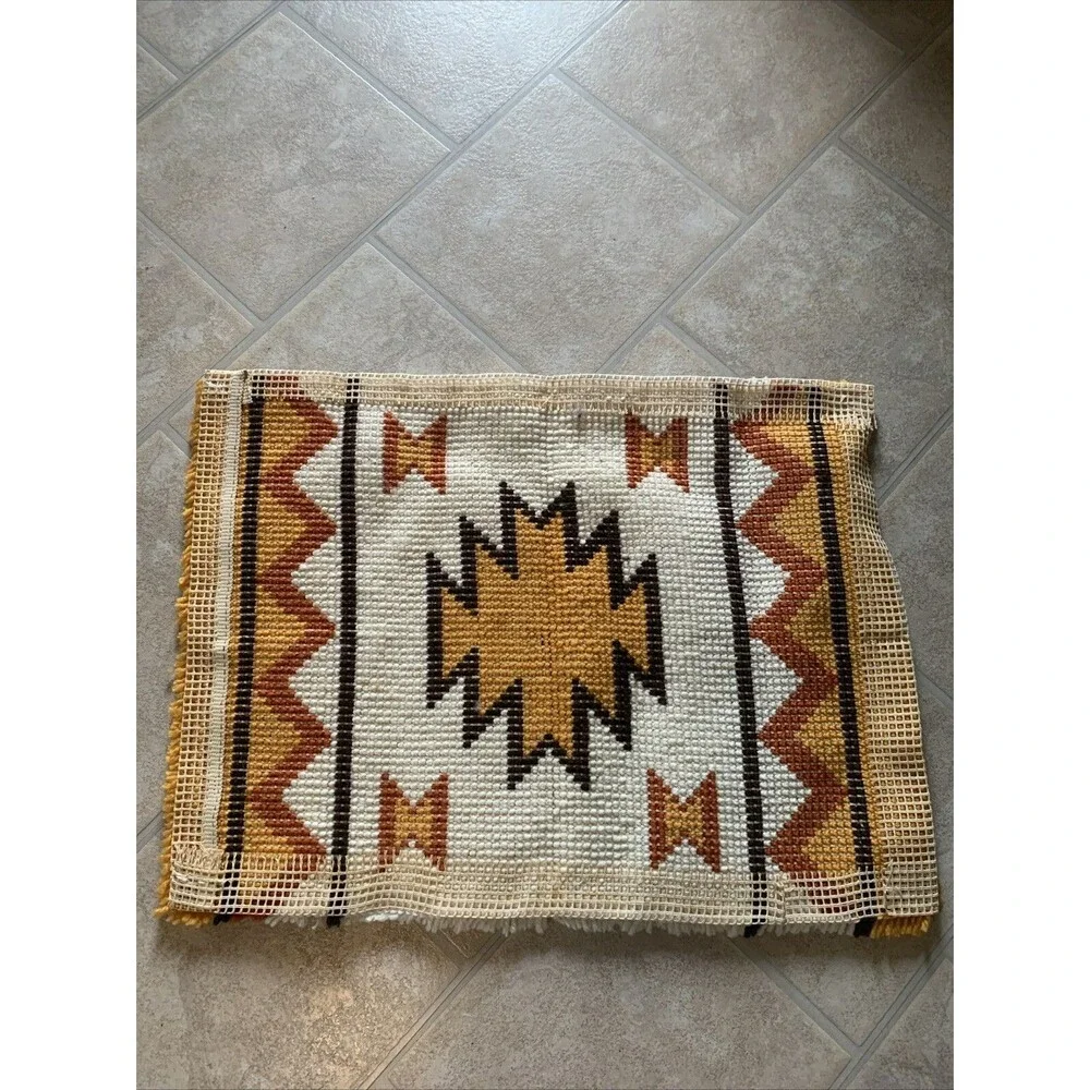 Vintage Southwest Aztec Hook Rug DIY Hand Crafted 24x19 Retro 1970s